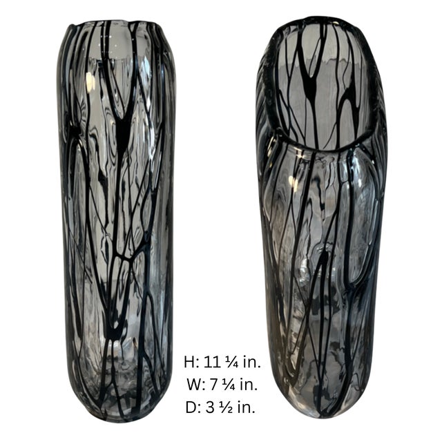 Black Graphic Pilchuk Torpedo Shaped & Rectangular Murano Style Art Glass Vases- A Pair For Sale - Image 17 of 18