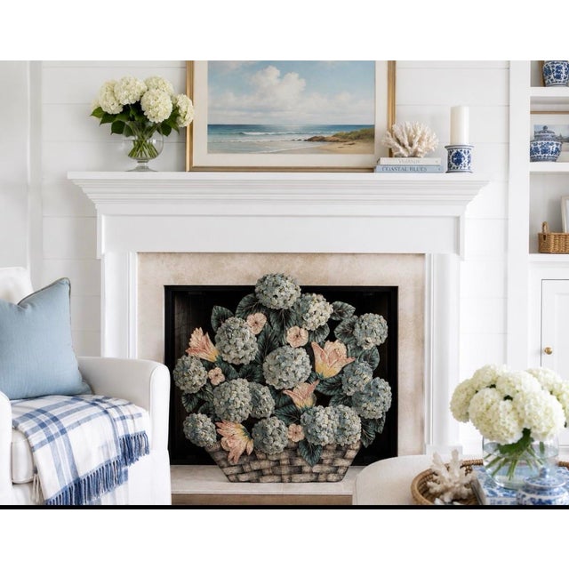 This exquisite hand-painted, signed toleware fireplace screen features a charming woven wicker basket brimming with soft...