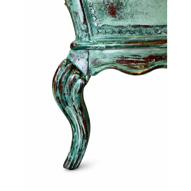 Wood French Provincial Green Bombé Chest – Distressed Patina – Brass Hardware For Sale - Image 7 of 8