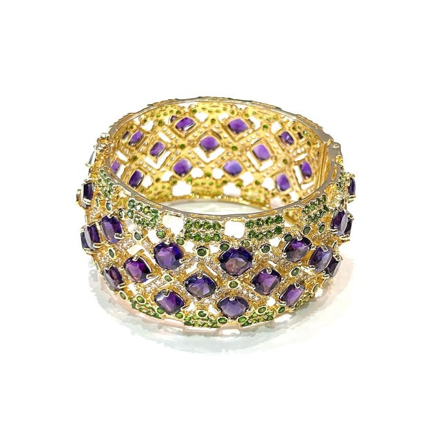 Purple Bochic “Capri” Vintage Amethyst & Multi Color Gem & Cuff - 18K Gold & Silver For Sale - Image 8 of 12