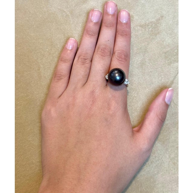 15MM Round Black Tahitian Pearl & Diamond Platinum Ring Size 5.5 For Sale - Image 10 of 18