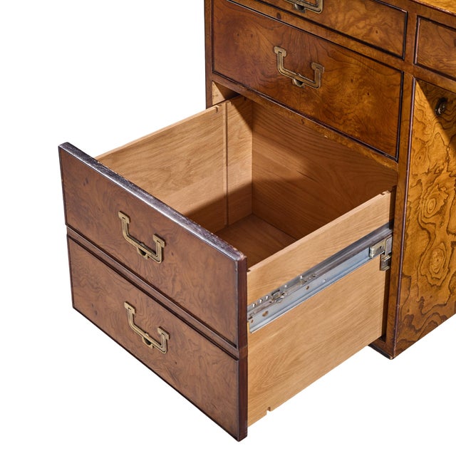 Brown John Widdicomb Mid Century Burlwood and Brass Campaign Executive Desk For Sale - Image 8 of 11