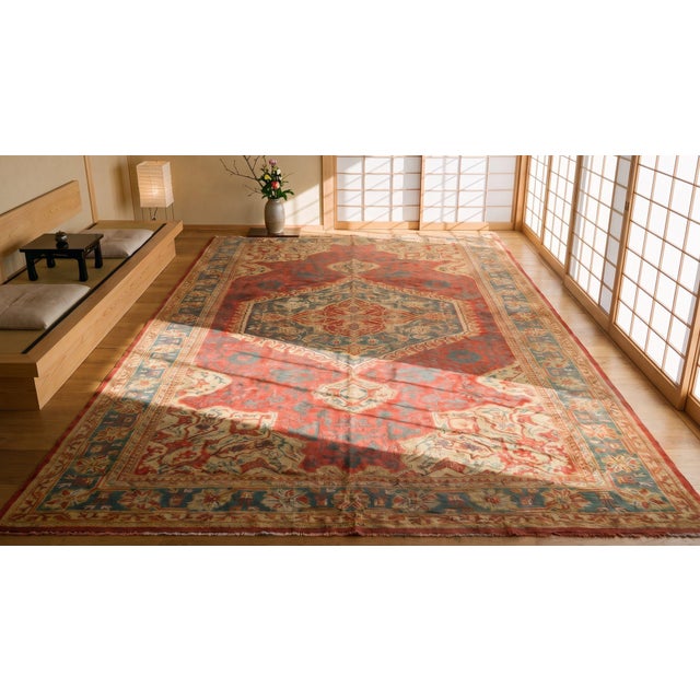 1930s Red-Green Medallion Antique Turkish Oushak Rug 12' X 23' Handknotted Wool Carpet For Sale - Image 9 of 10