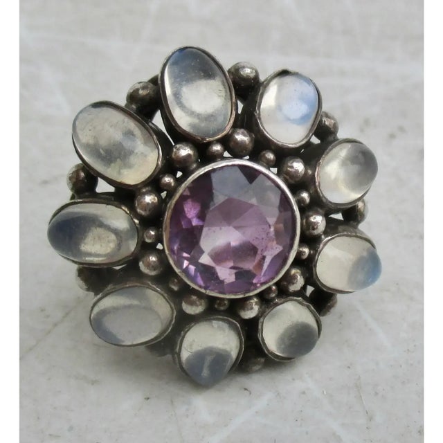 Amythest and MoonStone Floral Silver Cocktail Ring For Sale - Image 4 of 7