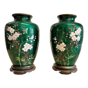 1960s Vintage Japanese Cloisonne Green Ginbari Foil Vases - a Pair