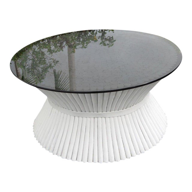 Mid Century Modern Bamboo Vintage Round Glass Top Coffee Table