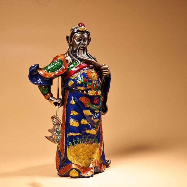 Traditional Gilt Bronze Cloisonné Enamel Figure of Guan Yu For Sale - Image 3 of 9