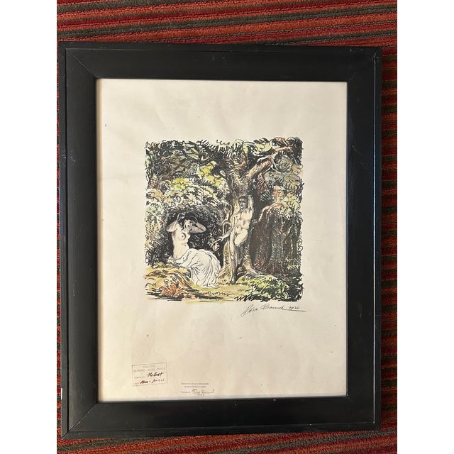 Colored print attributed to Pierre Bonnard. Tranquil forest scene with a male and female relaxing in the splendor of nature.