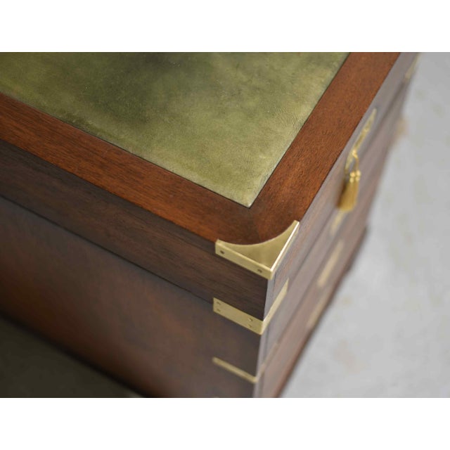 Mid 20th Century Mid Century English Campaign Mahogany Partner Desk Green Leather Top For Sale - Image 5 of 11
