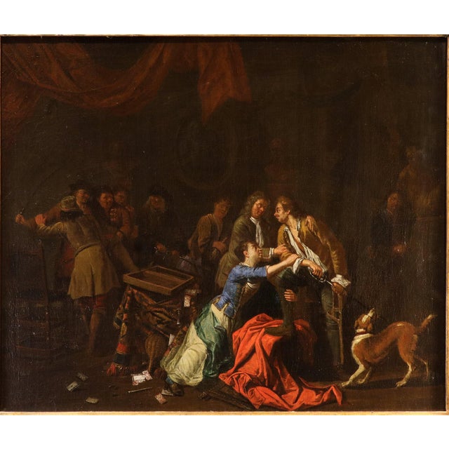 Pieter Angillis, Banquet and Brawl, 1720, Oil on Canvases, Framed, Set of 2 For Sale - Image 9 of 15