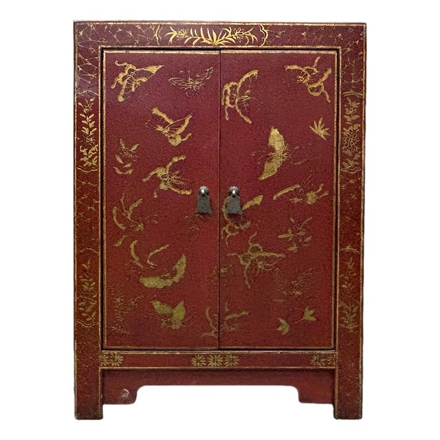 Vintage Style Red Cabinet Gold Butterfly Motifs End Table Nightstand For Sale