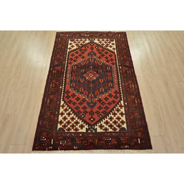Cabin Hamedan Rug 4’1” X 6’4” Red Wool Vintage Tribal Hand-Knotted Carpet For Sale - Image 3 of 12