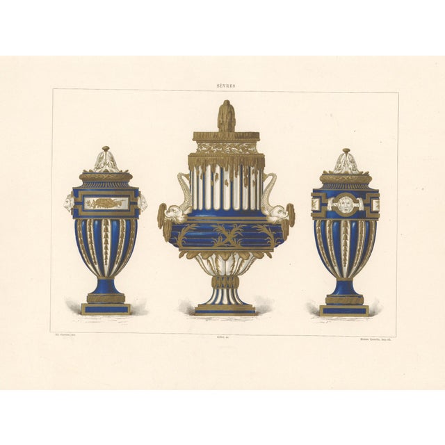 Original 19th-century French decorative-arts plate titled SÈVRES, depicting three elaborate cobalt-blue and gilt Sèvres...
