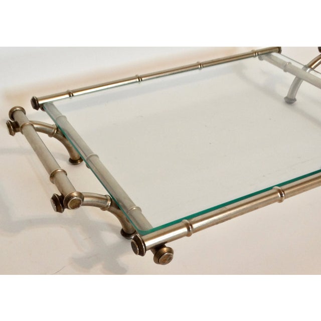 Mid Century Modern Silver & Glass Faux Bamboo Serving Drinks Cocktail Tray For Sale - Image 9 of 12
