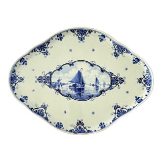 1949 Royal Delft De Porceleyne Fles Hand-Painted Delft Blue Maritime Platter For Sale