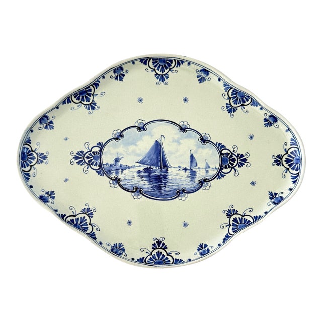1949 Royal Delft De Porceleyne Fles Hand-Painted Delft Blue Maritime Platter For Sale