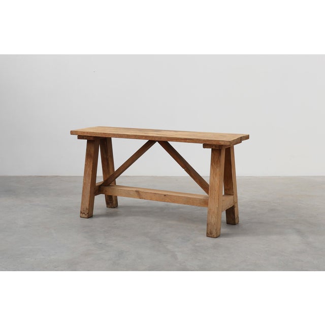 French Rustic Oak Trestle Bench, 1890s For Sale - Image 13 of 13