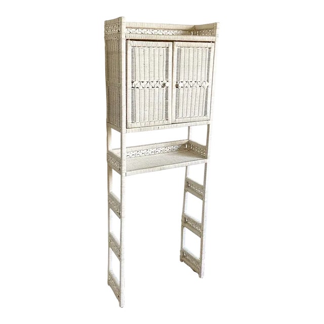 Boho Chic White Rattan and Wicker Bathroom Storage Etagere For Sale