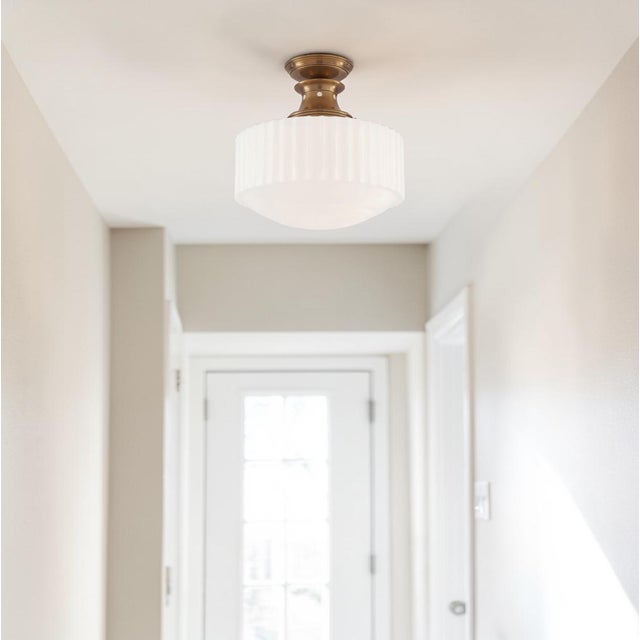 2020s Thomas O'Brien for Visual Comfort Signature Milton Road Flush Mount in Hand-Rubbed Antique Brass With Ribbed White Glass For Sale - Image 5 of 18