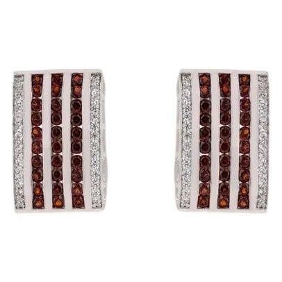 Red Garnet Birthstone Wide Bar Silver Earrings With Sparkling Zircons- 2 Pieces For Sale
