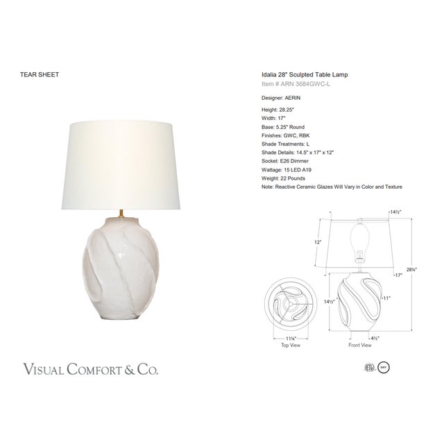 AERIN by Visual Comfort Signature Idalia 28" Sculpted Table Lamp in Glossy White Crackle with Linen Shade Designer: AERIN...
