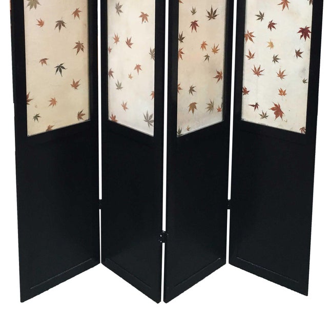 1950s Black Lacquer Folding Screen W/ Fiberglass Maple Leaf Inserts For Sale - Image 4 of 7