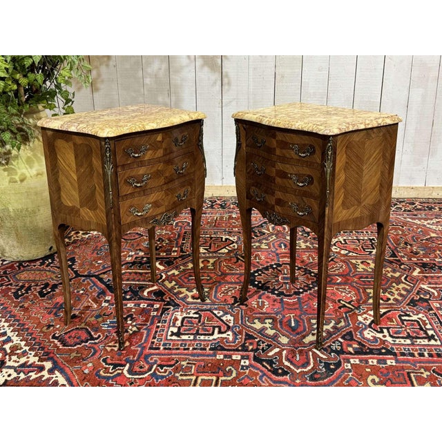 Louis XV Style Bedside Tables in Rosewood and Oak with Marble Tops, 1960s, Set of 2 For Sale - Image 7 of 12