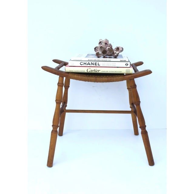 Wicker and Turned Oak Wood Stool Bench For Sale - Image 4 of 12