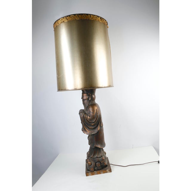Vintage James Mont Style Confucius Figural Table Lamp | Hollywood Regency Asian Sculpture 40” For Sale In Chicago - Image 6 of 11