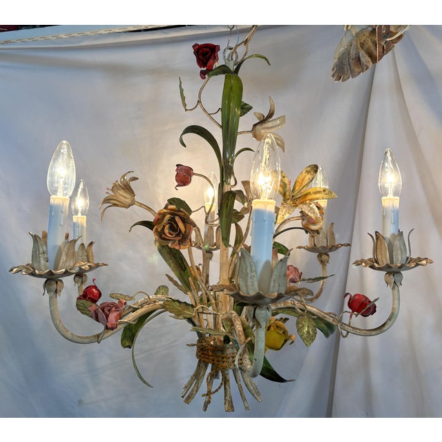 Vintage Tole 6-Light Chandelier With Flower Motif and Honest Patina For Sale - Image 13 of 18