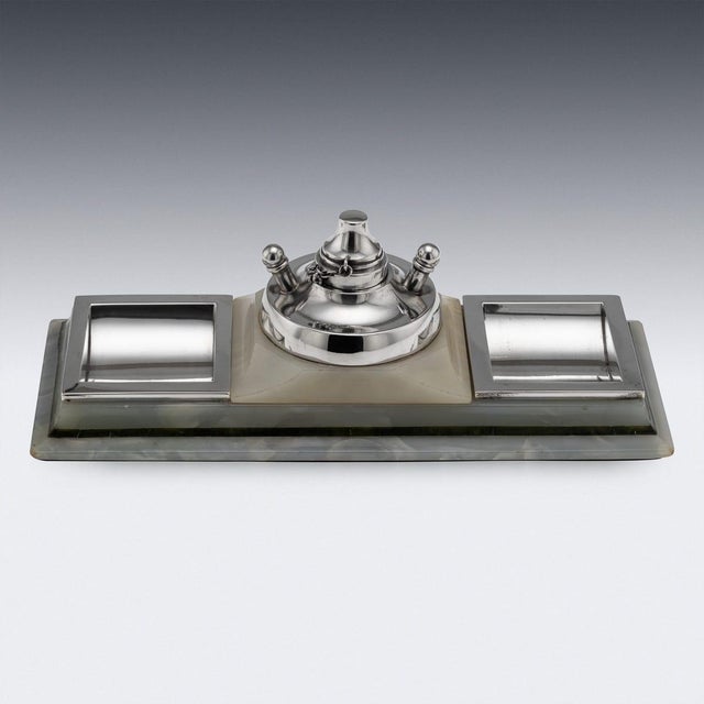 1910s Antique Silver Mounted Agate Smokers Stand, 1913 For Sale - Image 5 of 12