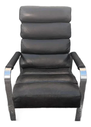 1970's Mid Century Modern Italian Milo Baughman Attrib. Black Leather With Chrome Recliner Chair