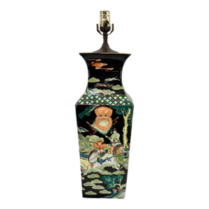 1980s Chinese Famille Noire Square Vase Lamp