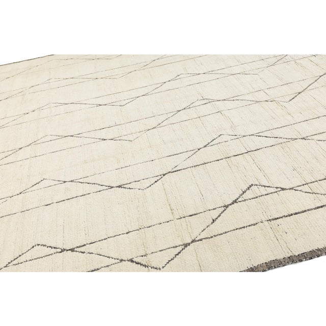 Ivory Hand-Knotted Modern Beni Ourain Style Geometric Wool Area Rug in Ivory 10x14 For Sale - Image 8 of 10