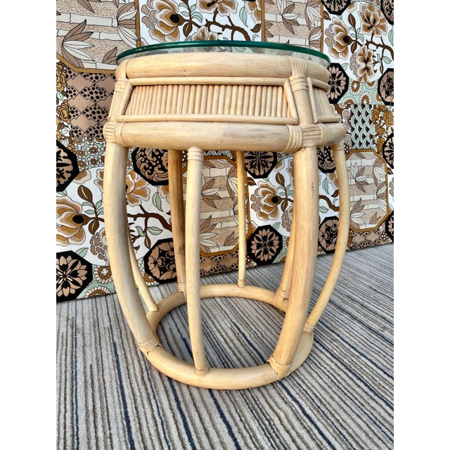 Vintage Coastal Style Rattan Drum Shape Accent Table With Glass Top. For Sale In Miami - Image 6 of 13
