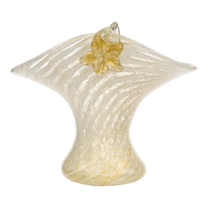 Murano Vintage White Swirl Gold Flecks Italian Art Deco Style Glass Applied Flowers Fan Shape Vase