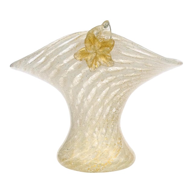 Vintage Murano Gold Flecks White Swirl Italian Art Deco Style Glass Applied Flowers Fan Shape Vase For Sale