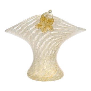 Vintage Murano White Swirl Gold Flecks Italian Art Deco Style Glass Applied Flowers Fan Shape Vase For Sale