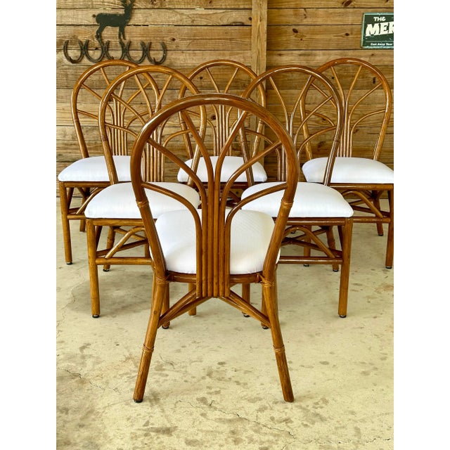 Late 20th Century Set of 6 Restored Coastal Rattan Dining Chairs in White Sunbrella For Sale - Image 5 of 11