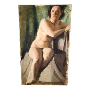 Weathered Nude Woman Portrait Painting, 1960s Female Model Art Signed by Artist