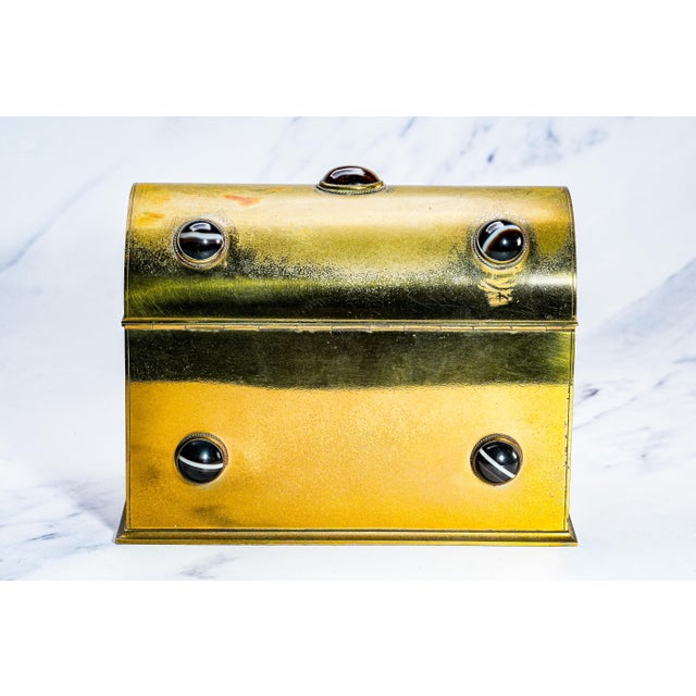 Stunning Victorian Aesthetic Movement Antique Brass Agate Stone Domed Desk Stationary Box Casket For Sale - Image 15 of 17