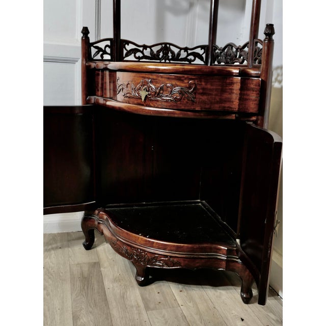 Oriental Style Carved Corner Etagere with Cupboard and Drawer, 1970s For Sale - Image 9 of 9