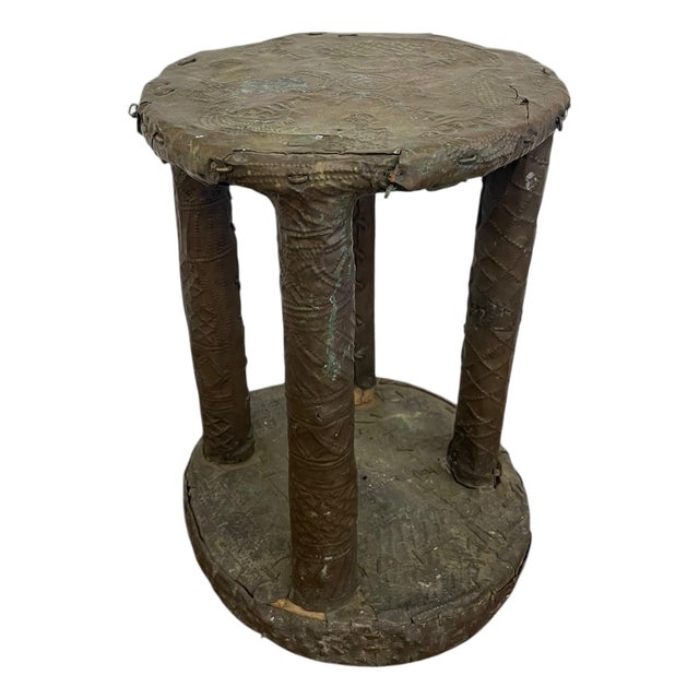 Vintage Decorative Metal-Clad Stool or Pedestal With Hand-Tacked Surface and Patina For Sale
