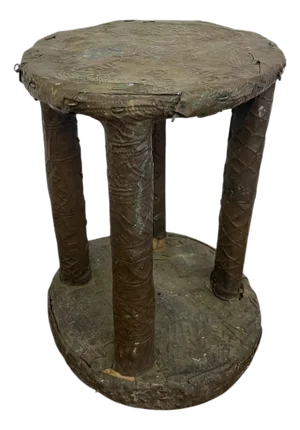 Vintage Decorative Metal-Clad Stool or Pedestal With Hand-Tacked Surface and Patina