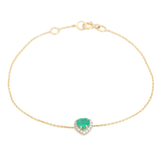 Not Yet Made - Made To Order Natural Green Emerald Heart Bracelet With Halo Diamonds in 14k Gold 7 Inch Chain For Sale - Image 5 of 15