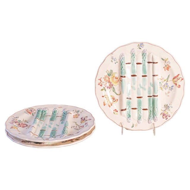 French Longchamp Pompadour pattern majolica asparagus and flower plates from the late 19th century, priced and sold...