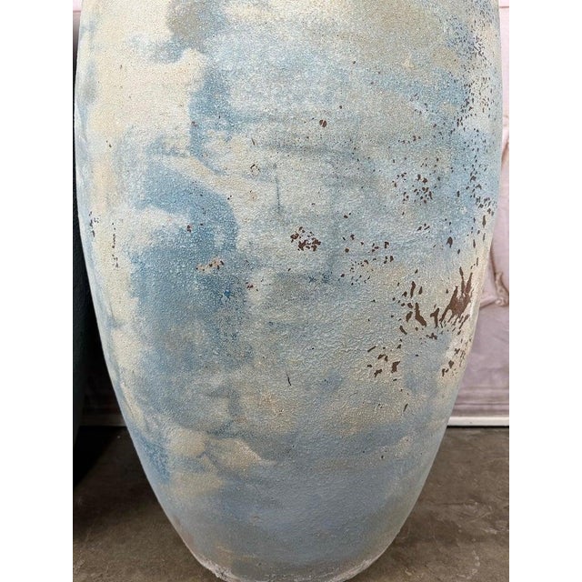 Pair of Large Atelier Vierkant Style Planters - Ocean Blue Patina Barrel Pots For Sale In Los Angeles - Image 6 of 12
