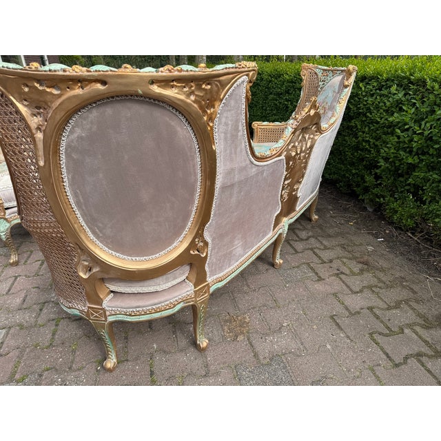 1940 French Louis XVI Pastel Beech Sofa Set - 7 Pc For Sale - Image 15 of 18