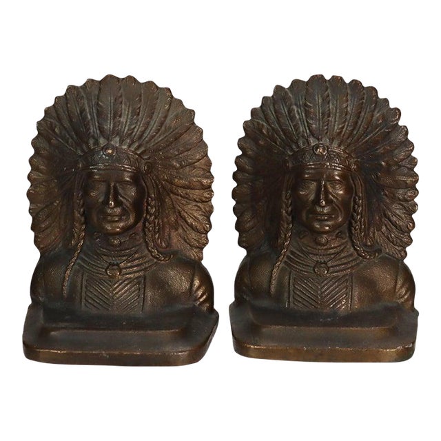 Arts & Crafts Bronze Native American War Chief Bookends C1920 For Sale