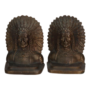Arts & Crafts Bronze Native American War Chief Bookends C1920